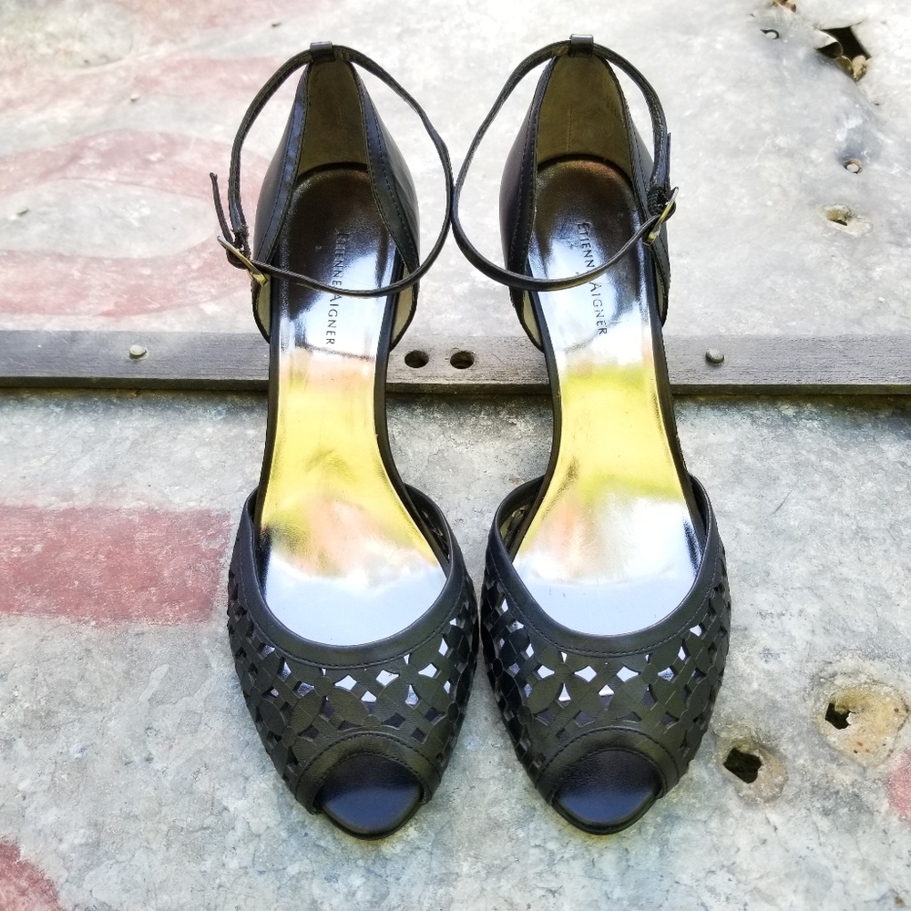 Ciara Black Perforated Leather Peep Toe Heels 9.5